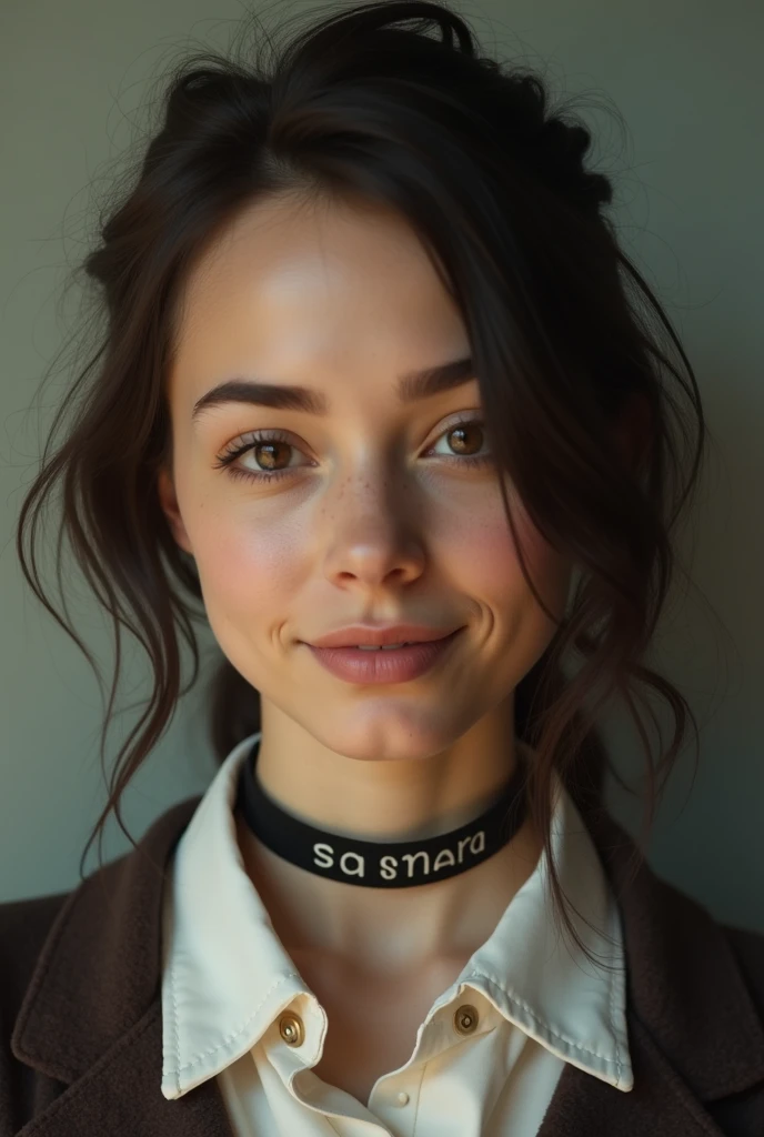 young adult woman wearing a collar with the name samara written on it