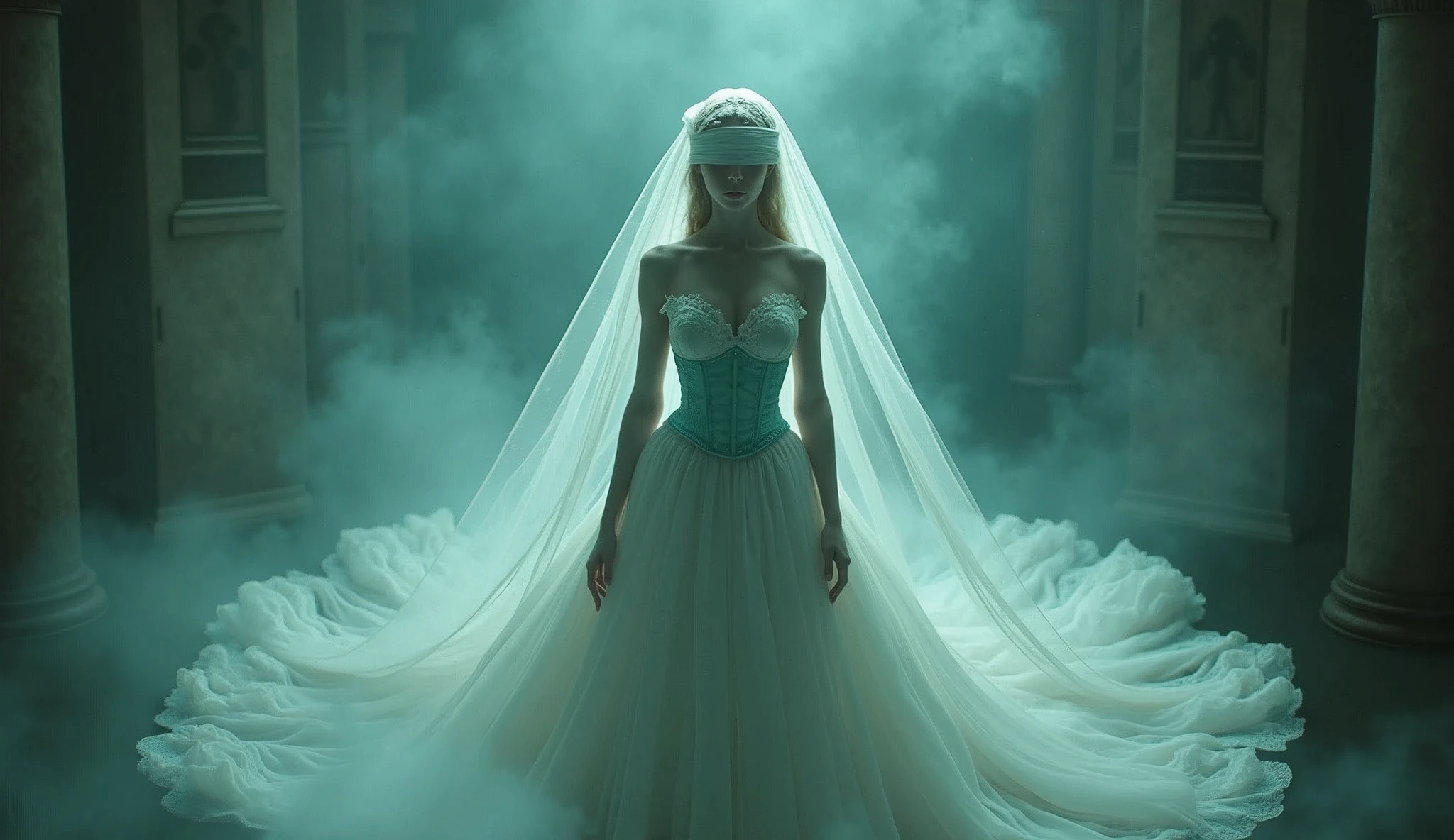 Bird´s-eye view, blindfolded White french woman with super extremly tight tiny waist and see through sheer turquoise corset, beautiful ta dress with petticoat, blindfolded and a long white veil, Bird´s-eye view, sf, intricate artwork masterpiece, ominous, matte painting movie poster, golden ratio, trending on cgsociety, intricate, epic, trending on artstation, by artgerm, h. r. giger and beksinski, highly detailed, vibrant, production cinematic character render, ultra high quality model