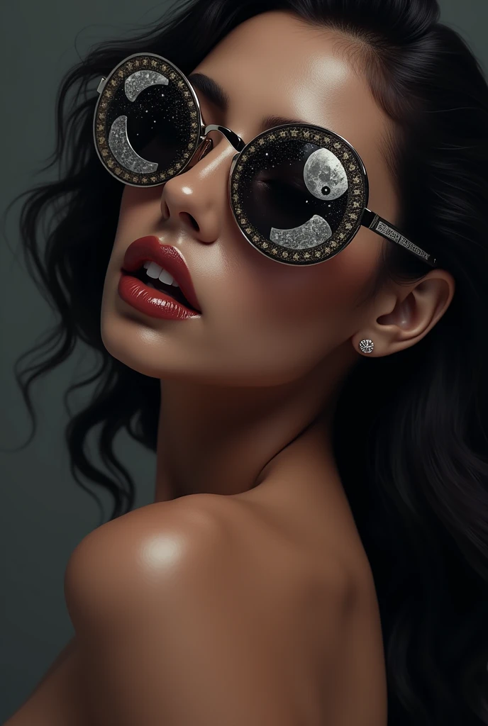 The model is wearing glass sunglasses with stars and the moon on the glass, doing sexy pose and no cothes