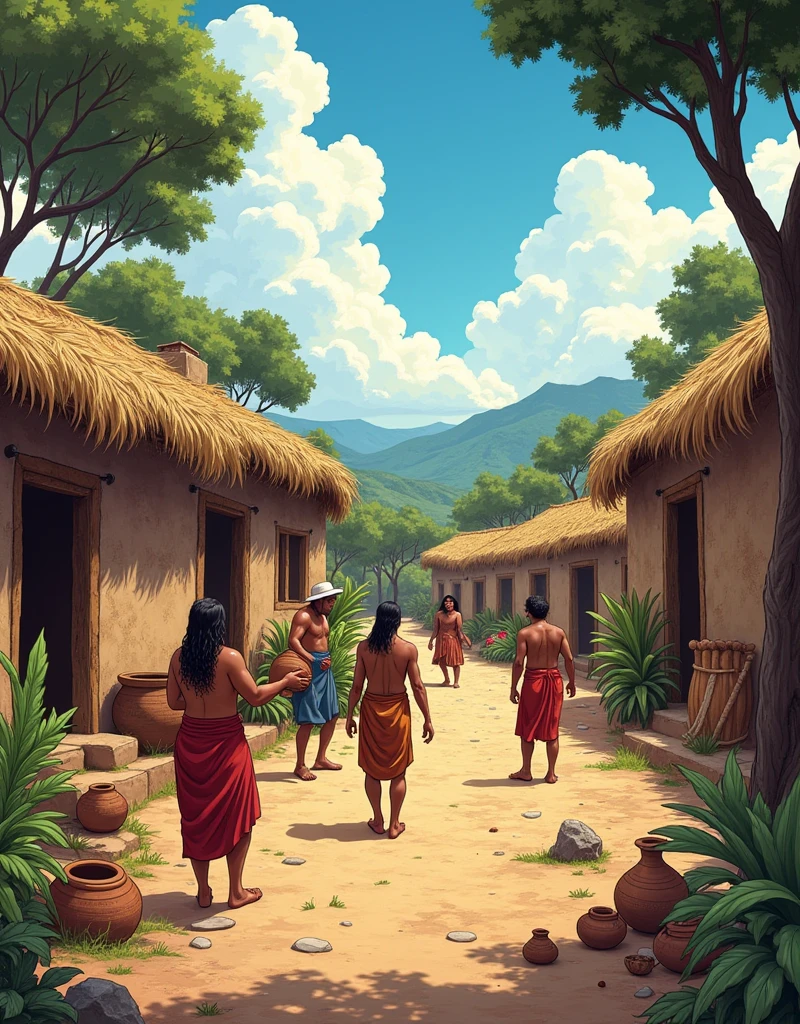 indigenous people making pottery and farming, in a town with indigenous houses in the pre-Hispanic era, comic style

