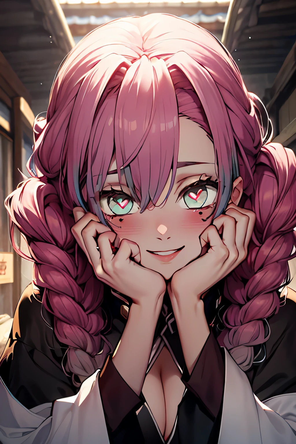 masterpiece, best quality, ultra-detailed, Potrait of beautiful MitsuruDS, solo, demon_slayer_uniform, smile, long_sleeves, looking_at_viewer, japanese_clothes, breasts, cleavage, upper_body, hair_between_eyes, hands_on_own_cheeks, hands_on_own_face, volumetric lighting, best quality, masterpiece, intricate details, tonemapping, sharp focus, hyper detailed, trending on Artstation, heart-shaped_pupils, blush, blushing