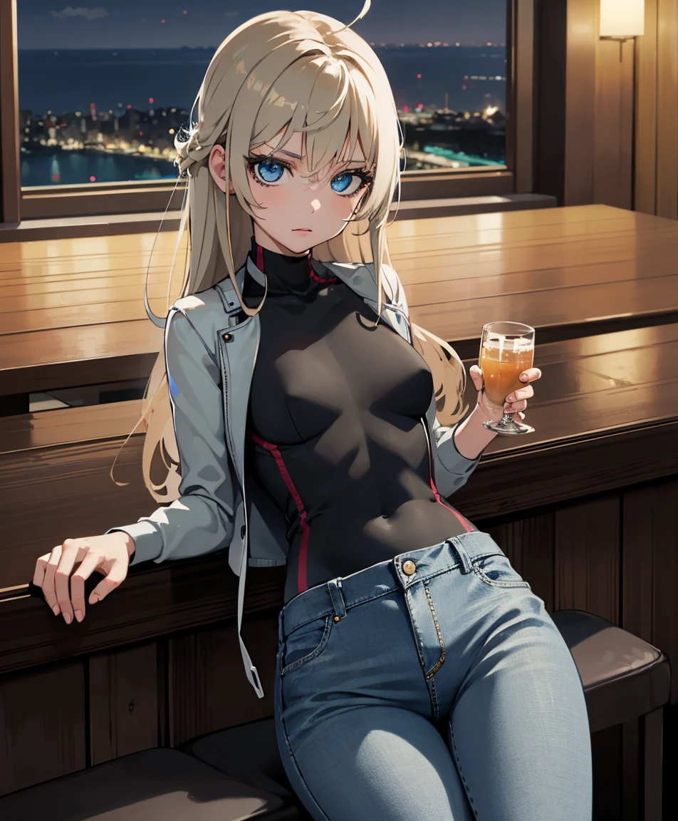 8 k, Best quality, Realistic pictures, Realistic details, clear face, Sensitive facial features, Real skin glow, cute girl, shy, Facing the camera, Girl sitting at bar wearing grey mesh jacket and jeans , clear bar background, Sea view, drink on bar table, Features, skinny body, Medium , 24 years, Breathtaking, Alluring eyes