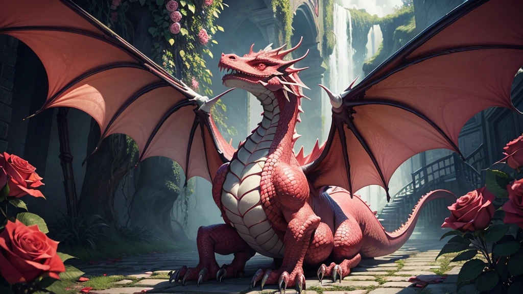 A stunning, hyper-realistic depiction of a rose dragon, its scales made of delicate, vibrant roses in shades of red, pink, and white. Thedragon's eyes are intensely lifelike, and its wings are a breathtaking cascade of roses, with petals gently swaying in the air. The background features a lush, romantic garden with a cobblestone path, creating a surreal and enchanting atmosphere.