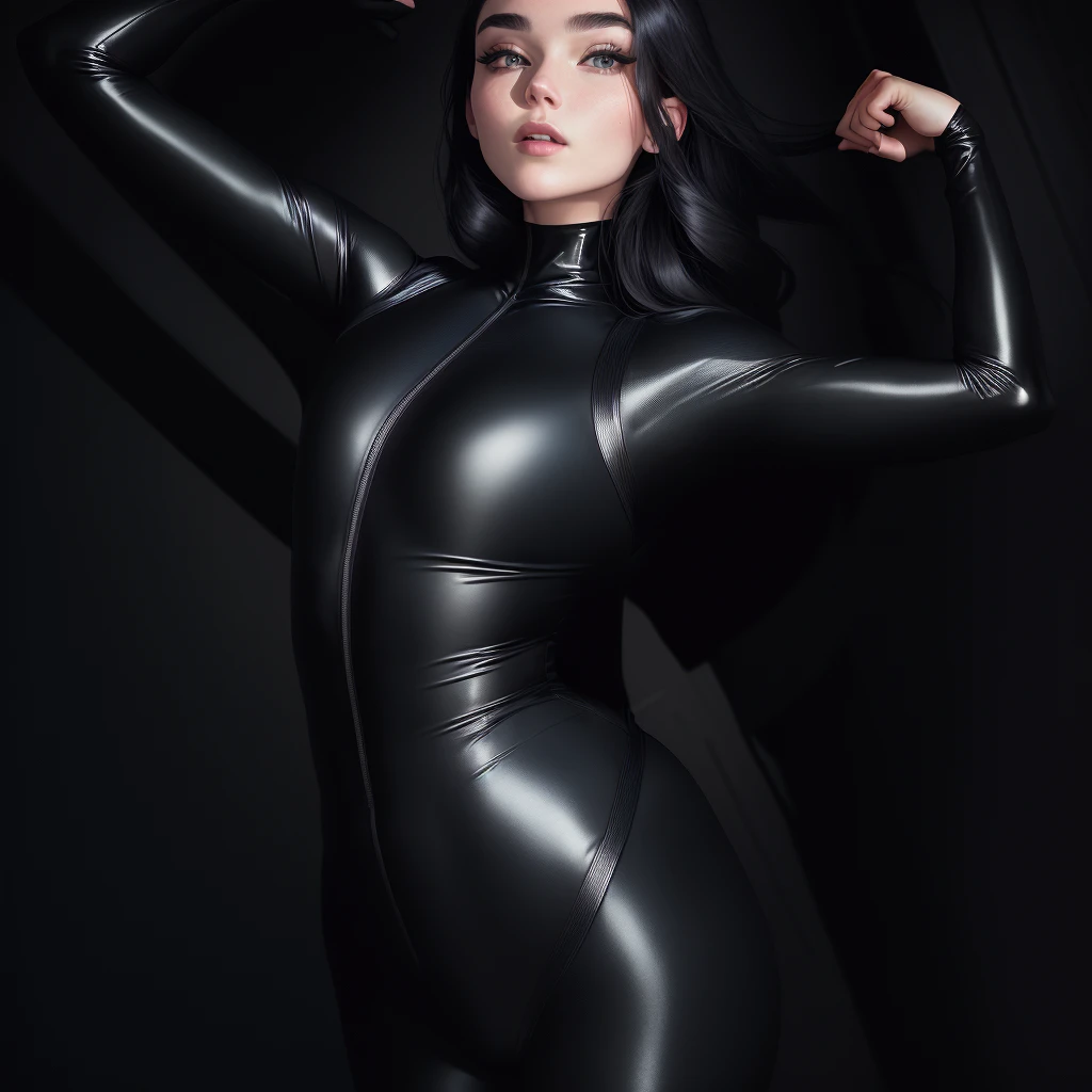 araffed woman in black bodysuit posing for a picture, wearing black tight clothing, wearing a black bodysuit, skintight black clothes, skintight black bodysuit, wearing leotard, wearing tight suit, tight attire, pretty face with arms and legs, florence pugh, wearing a black catsuit, yelena belova, tight outfit, black bodysuit