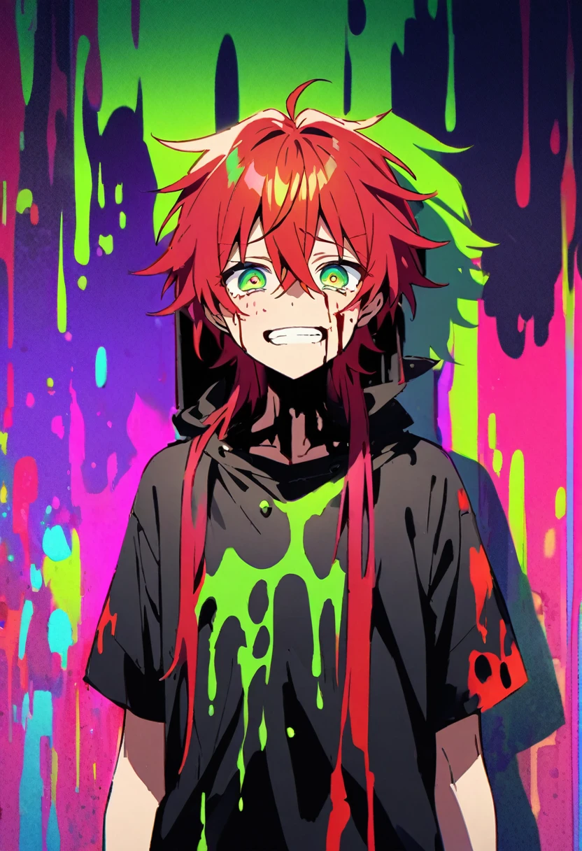 High resolution、Anime teenage boy with red hair and green eyes looking at the camera.、bright Eyes、Wear black clothes、colorful background、my hair is messy、Shadow body、bleeding、blood splash、dying、Laugh、cry