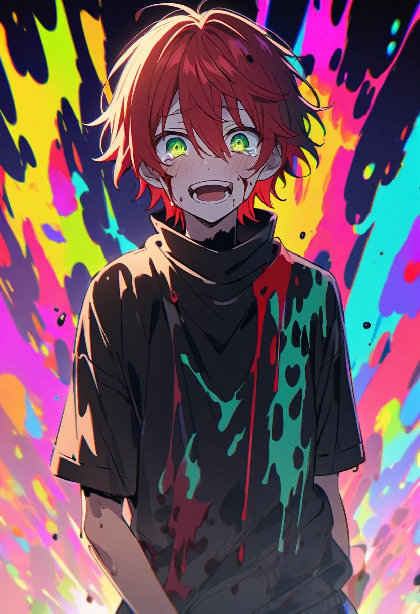 High resolution、Anime teenage boy with red hair and green eyes looking at the camera.、bright Eyes、Wear black clothes、colorful background、my hair is messy、Shadow body、bleeding、blood splash、dying、Laugh、cry
