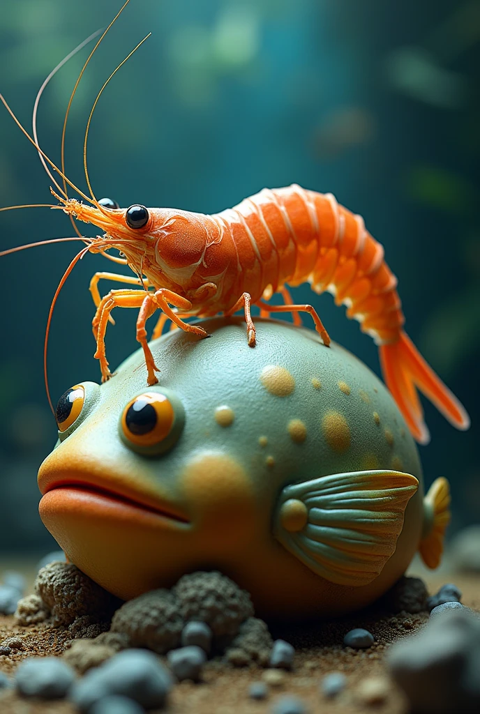 shrimp, species of crustacean, on top of a tank shaped like a puffer fish