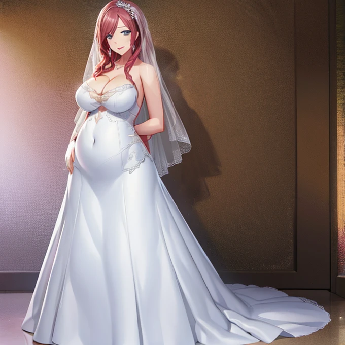 Strapless wedding dress, smiling, cleavage, (small pregnant belly:0.9), large breasts, standing