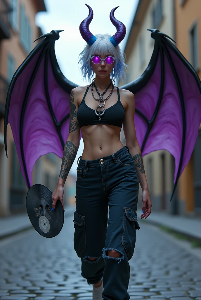 A beautiful Demon girl with purple and black broken wings,white and blue hair,glass lenses, cargo pants,white tennis shoes,tattoo of an angel on the arm,has a Cuban chain,He brings in his hands a vinyl record,Finally he walks down a street in the Czech Republic