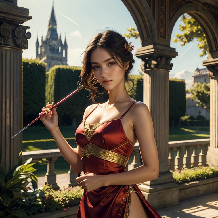 (masterpiece, best quality:1.5), highest quality, High resolution, super detailed, Realists, Upper body photo of a brunette swordswoman , detailed and beautiful eyes, beautiful detailed lips, very detailed eyes and face, longeyelashes, Archer in elegant red short dress made of shiny satin fabric, Elegant details in the fabric. Beautiful and colorful makeup, Instructions for bow and arrow, Gardens as background, soft daylight, bright colors, fine brushstrokes, Portrait style, beautiful color palette, glowing skin, First-class rendering, that captures every detail, enchanting atmosphere, subtle shadows and lights, (perfect anatomy:1.2), (The stunning young swordswoman holds a sword in her hand. (magnificent panorama view:1.2)