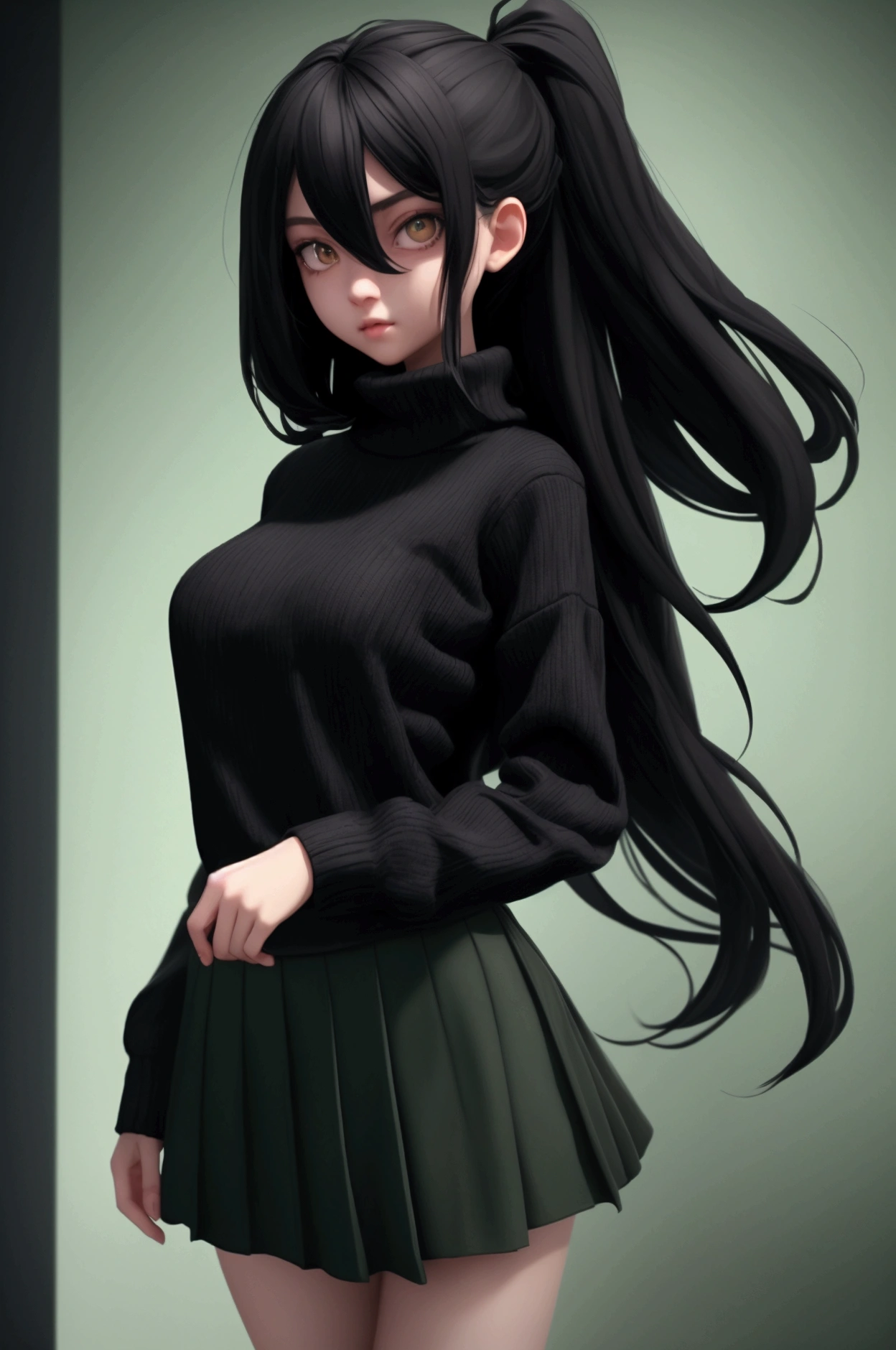 long straight hair black, girl, using a black sweater, green skirt, black socks, holding a camera and running,darkness place, horror game