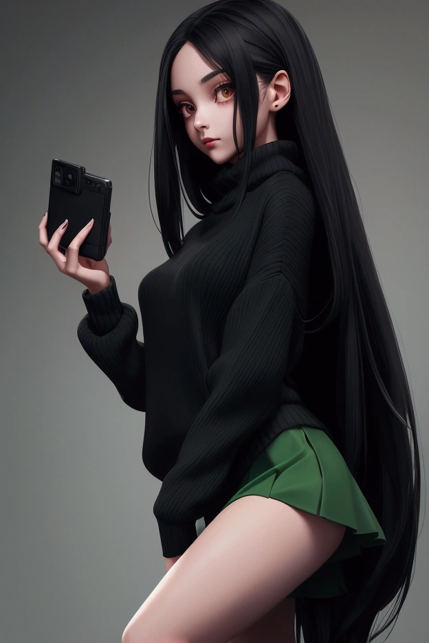 long straight hair black, girl, using a black sweater, green skirt, black socks, holding a camera and running,darkness place, horror game