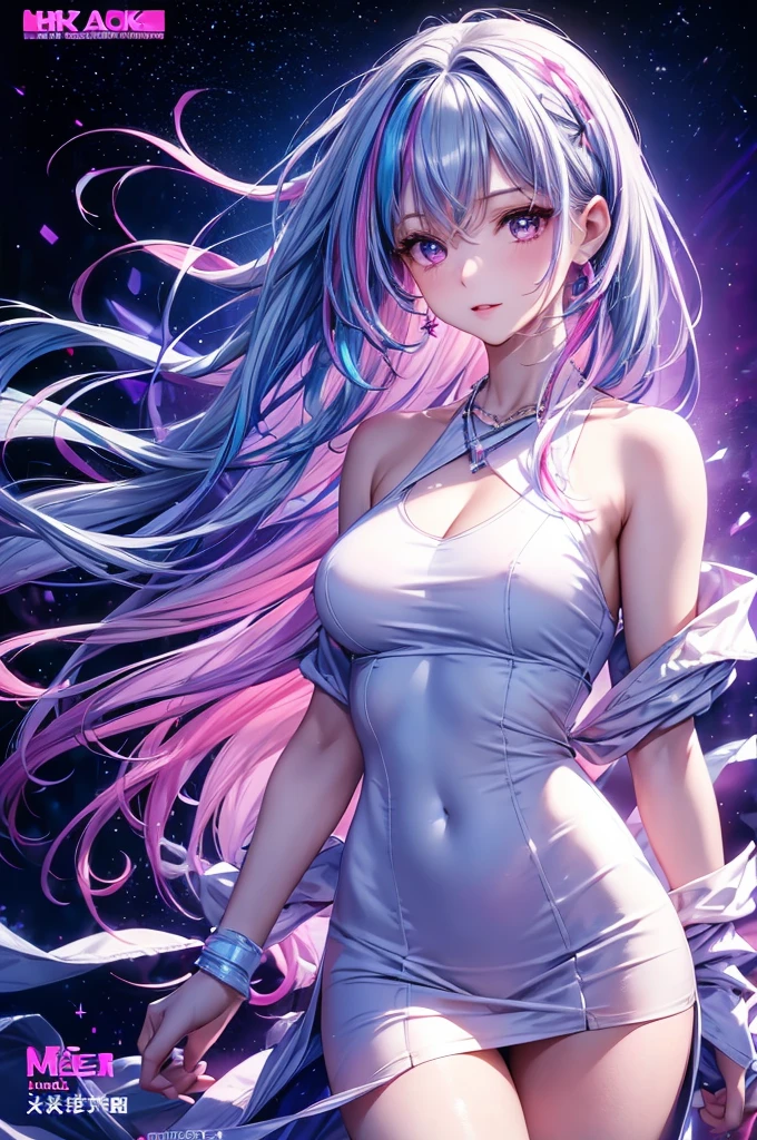 1 girl, 20 year old girl, one person, (Silver blue hair streaked pink purple:1.4), (Gradient sky blue hair ends:1.6), hair strand, absurdly long hair, single sidelock, wavy hair, shiny hair, floating hair, (Illusion deep purple eyes), delicate eyes, aqua eyes, super high detailed eyes, long upper eyelashes, ((glowing eyes)), makeup, Focus on face, Very detailed facial, Pretty Face, Perfect large breasts, hot body, (Delicate skin texture:1.2), break, White extra short micro skirt, sheer see-through Fashion Clothing, necklace, on the street, looking at the starry night sky, meteor, cyberpunk, detailed background, perfect layer cut, clean focus, (magazine:1.3), (cover-style:1.3), Octane Render, Tyndall effect, lifelike, Dark Studio, Side light, Two-color lighting, realism, chiaroscuro, (glowing light), sparkle, ray tracing, cinematic lighting, Futurism, motion blur, atmospheric perspective, Depth of Field, Bokeh, best quality, UHD, super detail, masterpiece, highres, ccurate, retina, anatomically correct