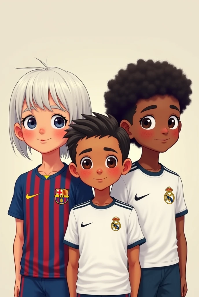 3 boys, one with straight white hair wearing a Barcelona Nike shirt and the other boy with short curly black hair wearing a Real Madrid Adidas shirt and the other boy with short curly hair wearing a white Nike shirt in a cartoon style