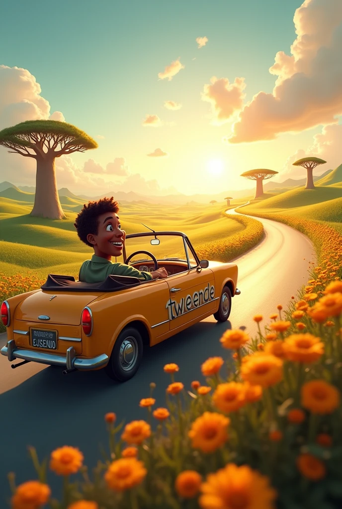 Create an inspiring image for the ride company 'Tweende,' which means 'let's go.' The scene features a cheerful driver in a sleek car wrapped with the word 'Tweende' on the side, the word should be written in full,embarking on a long, scenic journey through Zambia's stunning landscapes. The road ahead winds through lush green hills, with the sun casting a warm glow over vast plains, dotted with majestic baobab trees and vibrant wildflowers. The car is in motion, capturing a sense of adventure and freedom, with the driver smiling joyfully as they explore the open road. The atmosphere is serene yet full of excitement, inviting viewers to join the journey with Tweende and experience the beauty of the journey, not just the destination