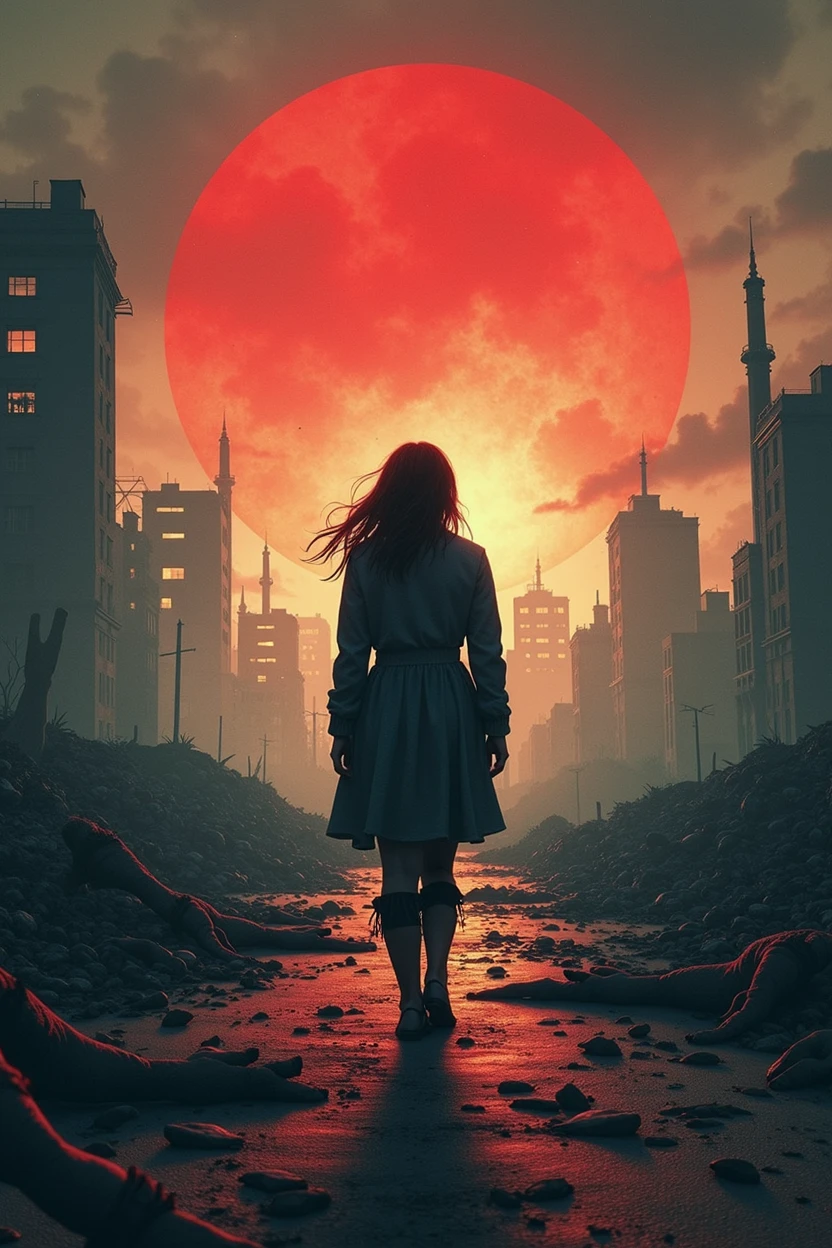 Cover of an apocalyptic book puts the title "The last refuge" of monsters shows a desolate and destroyed place with a silhouette of the female protagonist dressed for the apocalypse