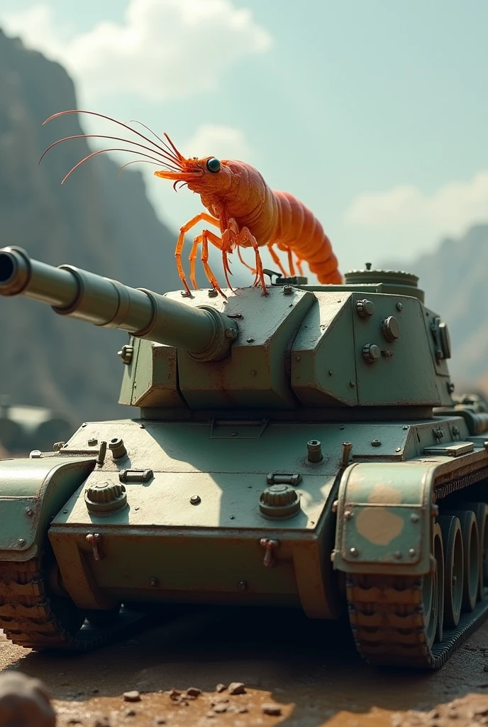 shrimp, species of crustacean, on top of a battle tank 