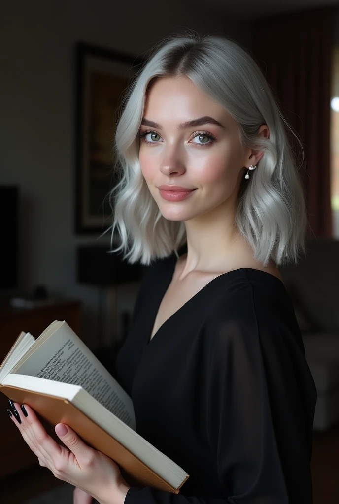 Beautiful white skinned girl, light gray hair, with bright shiny eyes, Shiny skin, Beautiful black manicure, Beautiful nails, Pearl skin, wearing black dress, Beautiful detailed fingers, professional photo, 4K, high resolution, high detail, aesthetically pleasing, Beautiful, realistic, looking straight ahead, beautiful long nails, standing holding a book in the background of a dark living room.
