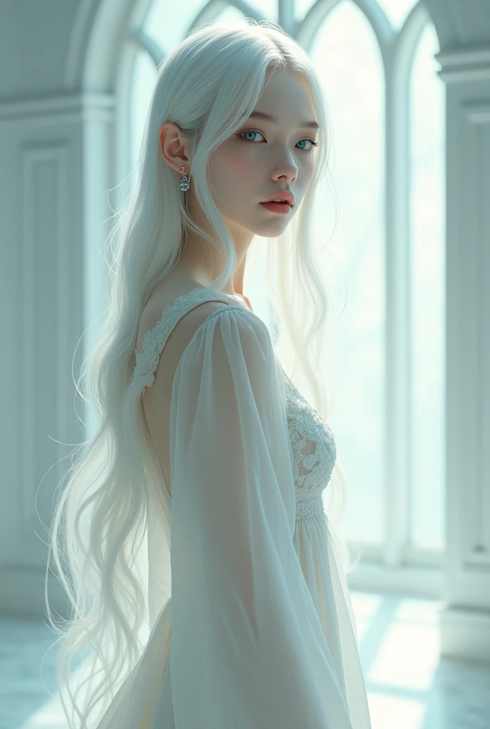 An 18 year old girl with long white hair and blue eyes wearing a long white dress