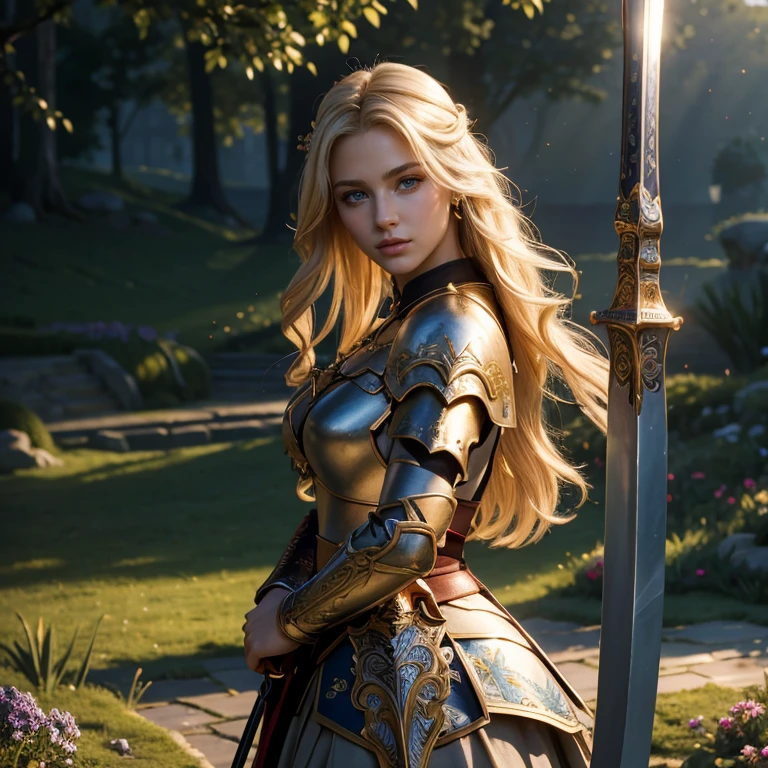 (masterpiece, best quality:1.5), highest quality, High resolution, super detailed, Realists, Full body photo of a 22 year old blonde warrior, detailed and beautiful eyes, beautiful detailed lips, very detailed eyes and face, longeyelashes, Woman in noble armor, Edle Details im Metal. Beautiful and colorful makeup, Instructions for bow and arrow, Gardens as background, soft daylight, bright colors, fine brushstrokes, Portrait style, beautiful color palette, glowing skin, First-class rendering, that captures every detail, enchanting atmosphere, subtle shadows and lights, (perfect ???????:1.2), (The stunning warrior holds a sword in her hands. (magnificent panorama view:1.2)