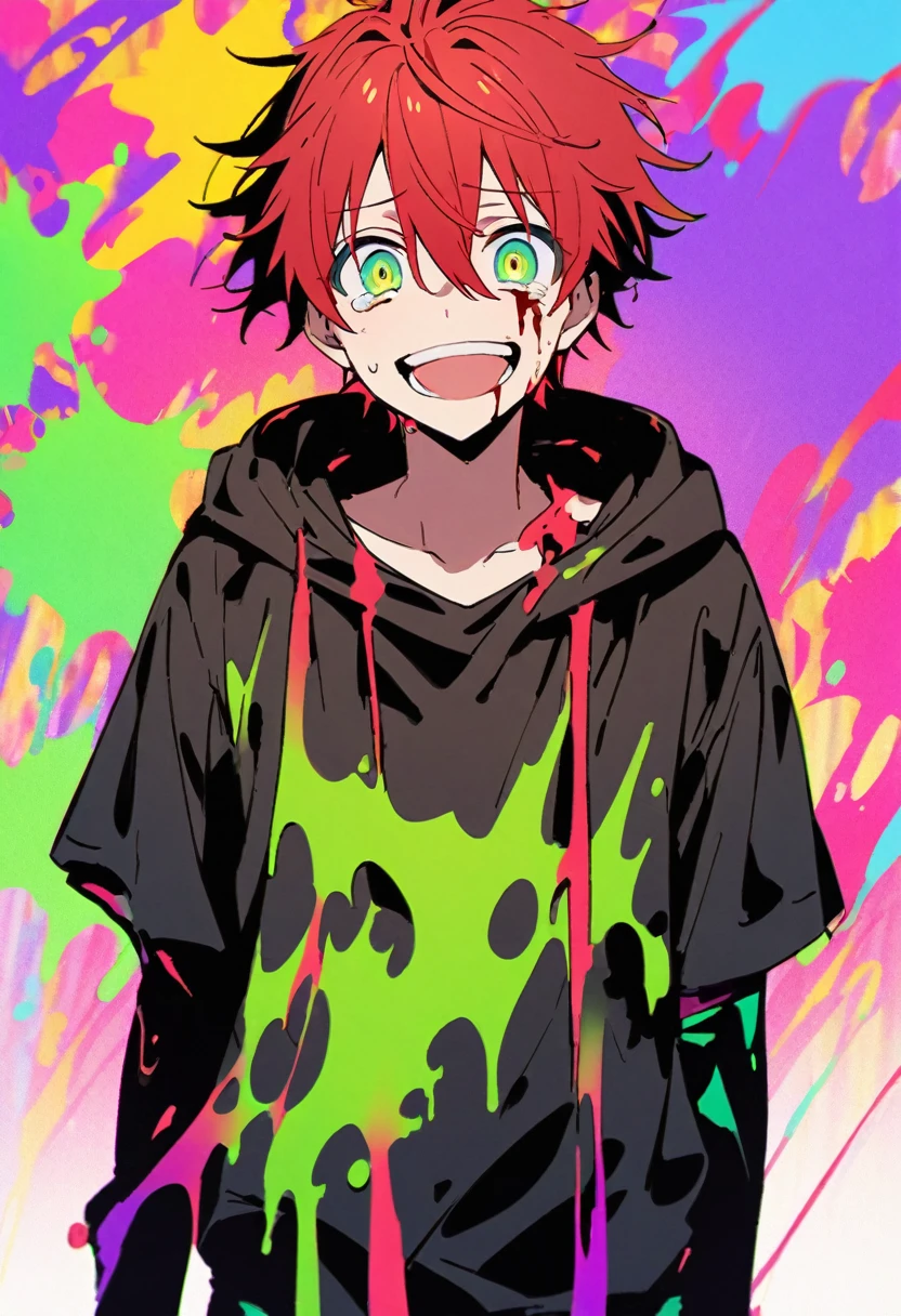 High resolution、1 male anime with red hair and green eyes looking at the camera.、bright Eyes、Wear black clothes、colorful background、my hair is messy、Shadow body、bleeding、blood splash、dying、Laugh、cry
