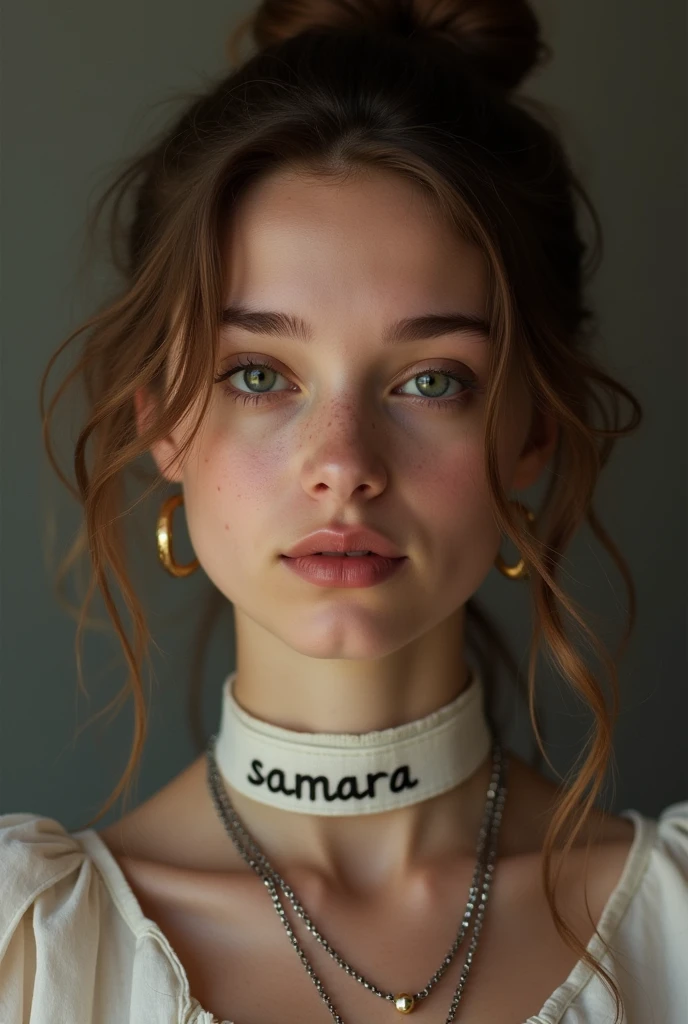 young adult woman wearing a collar with the name samara written on it