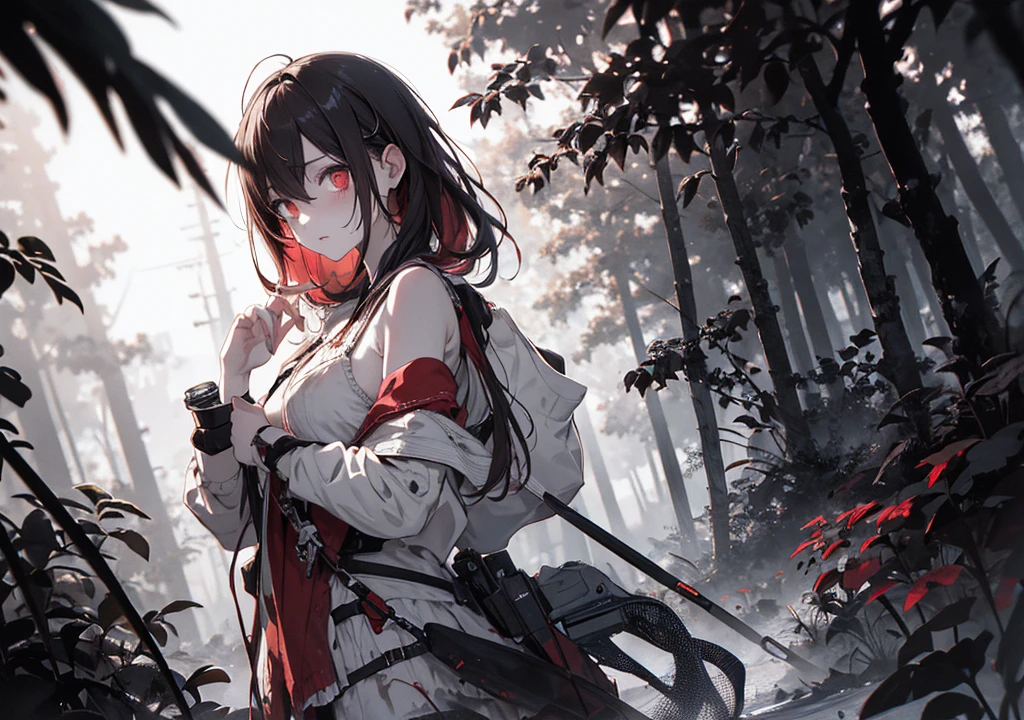 Realistic photos, Focus distance 10mm, Red and white, Beautiful girl, Realistic photos, Shooting at focus distance 10mm, masterpiece, 最high quality, high quality, Very detailed CG 8k wallpaper unit, Award-winning photography, Depth of written boundary, High resolution, bloom, chromatic aberration, Realistic, Very detailed, Art Station Trends, CGsociety Trends, Complex, High detail, dramatic, Art on the go, volumetric lighting, Beautiful zombie girl walking through a misty forest, with decayed clothing and pale skin
