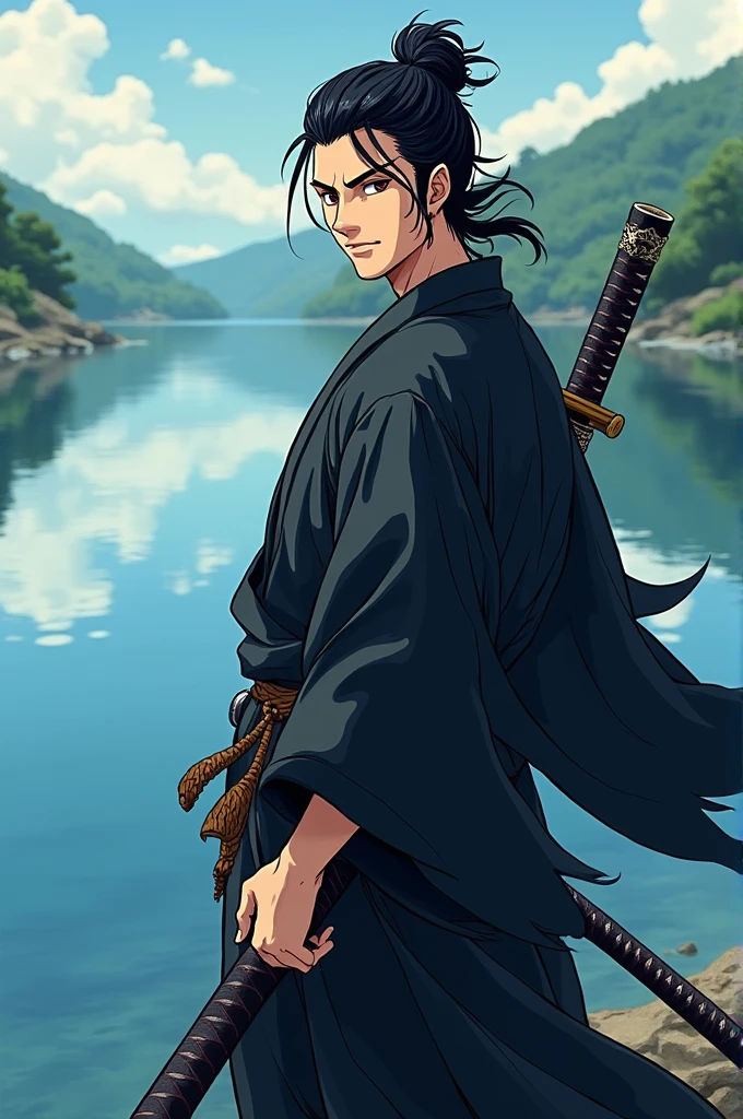 Create an image of a slightly muscular white man with black hair just like Miyamoto Musashi from Vagabond, brown eyes in anime style smiling from the corner with 1.80 meters wearing light black clothing covering the body and a cape, holding a katana next to a lake