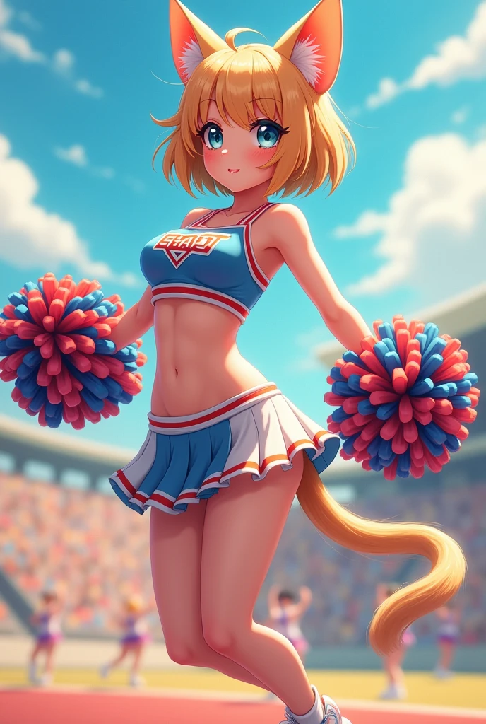 A female anime cat boy wearing a cheerleader uniform