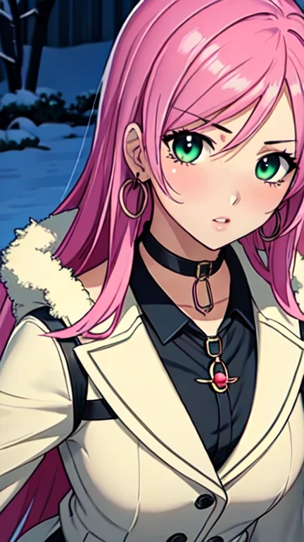 Masterpiece, beautiful art, professional artist, 8k, art style by sciamano240, very detailed face, very detailed hair, very detailed clothes, 1girl, perfectly drawn body, beautiful face, long hair, pink hair , very detailed green eyes, pouty lips , rosey cheeks, intricate details in eyes, extreme close up of face, see only head and neck, staring directly at viewer, wearing cute winter clothes, winter coat, necklace, choker, earrings, gloves, pencil skirt, black tigh boots, in love with the viewer expression, sunny winter setting, walking outside,