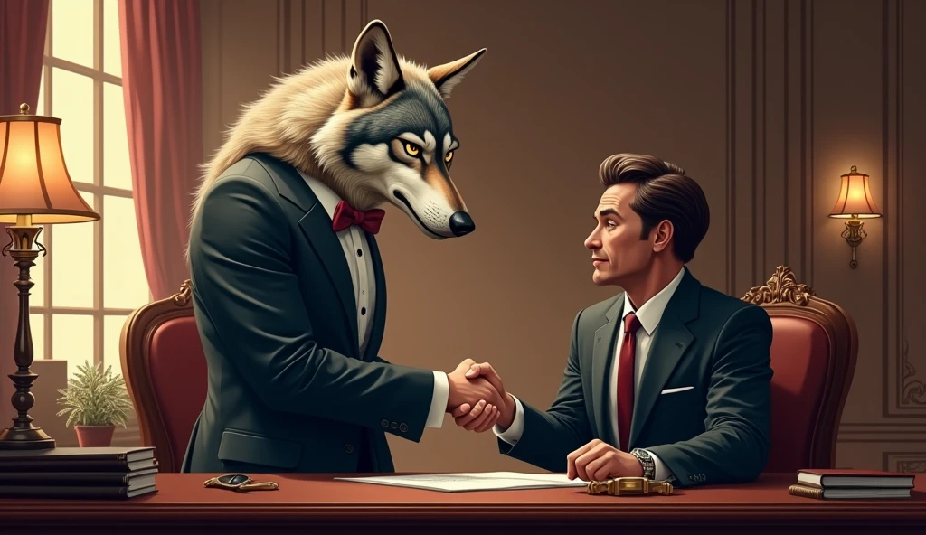Banner 16:9 of a wolf in a suit and bow tie closing a deal with an executive with the words 'Alpha Investidor' in the background, Digital illustration, Realistic, Detailed, vintage, Office lighting