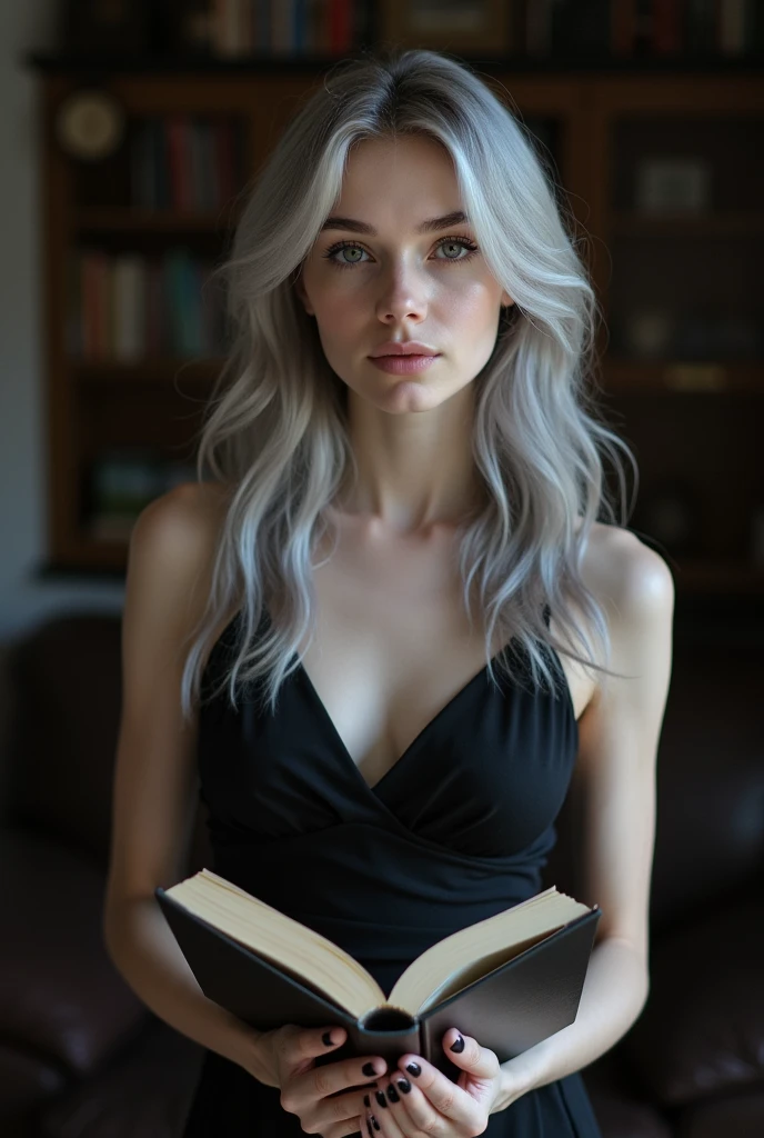 Beautiful white skinned girl, light gray hair, with bright shiny eyes, Shiny skin, Beautiful black manicure, Beautiful nails, Pearl skin, wearing black dress, Beautiful detailed fingers, professional photo, 4K, high resolution, high detail, aesthetically pleasing, Beautiful, realistic, looking straight ahead, beautiful long nails, standing holding a book in the background of a dark living room.