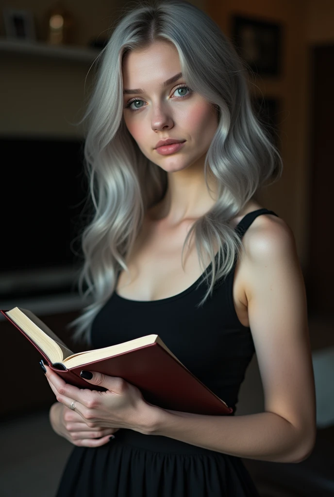 Beautiful white skinned girl, light gray hair, with bright shiny eyes, Shiny skin, Beautiful black manicure, Beautiful nails, Pearl skin, wearing black dress, Beautiful detailed fingers, professional photo, 4K, high resolution, high detail, aesthetically pleasing, Beautiful, realistic, looking straight ahead, beautiful long nails, standing holding a book in the background of a dark living room.