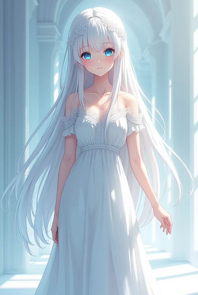 An 18 year old girl with long white hair and blue eyes wearing a long white dress (anime template)