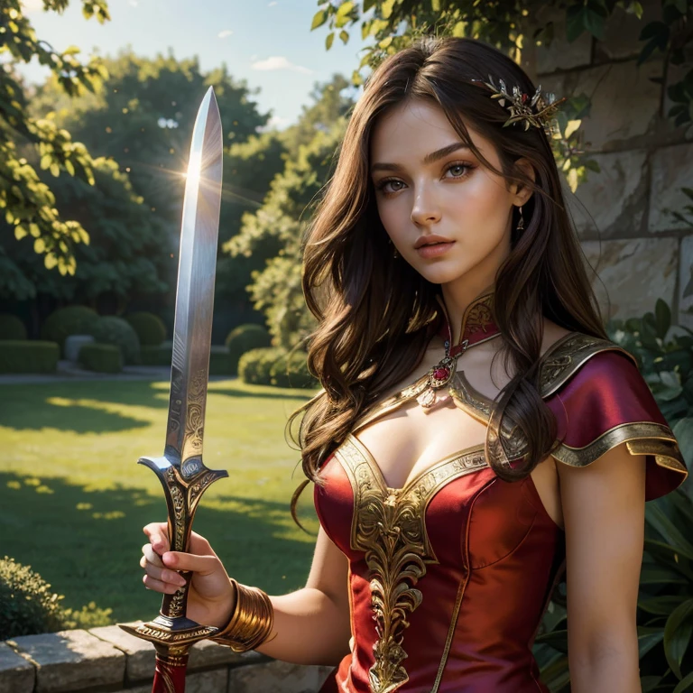 (​masterpiece, best quality:1.5), highest quality, High resolution, super detailed, Realists, Upper body photo of a brunette warrior , detailed and beautiful eyes, beautiful detailed lips, very detailed eyes and face, longeyelashes, Warrior in noble red short dress made of shiny satin fabric, Elegant details in the fabric. Beautiful and colorful makeup, Instructions for bow and arrow, Gardens as background, soft daylight, bright colors, fine brushstrokes, Portrait style, beautiful color palette, glowing skin, First-class rendering, that captures every detail, enchanting atmosphere, subtle shadows and lights, (perfect anatomy:1.2), (The stunning warrior holds a sword in her hand.  (magnificent panorama view:1.2)