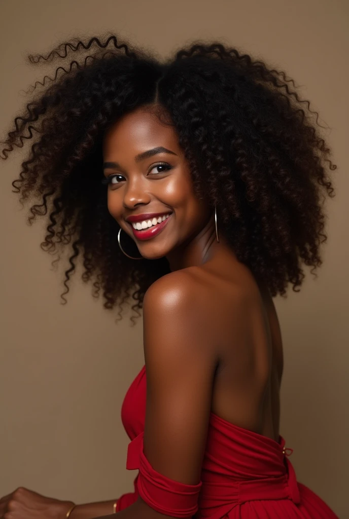Elle a une peau d'un magnifique ton chocolat, smooth and radiant. His face is delicate, avec des traits bien dessinés : des yeux brillants et expressifs qui attirent l'attention, well-defined eyebrows and full lips that often curve into a warm smile. Her hair, frizzy and voluminous, fall in natural curls around her face, adding to its charm.

Sa silhouette est voluptueuse, avec une taille fine qui accentue ses courbes généreuses. Her breasts are full and well proportioned., highlighting her femininity. Ses hanches sont larges et se terminent par des fesses bien rondes, which give it a look that is both seductive and elegant. Elle dégage une confiance en soi qui attire les regards et laisse une impression durable. She is wearing a long dress that shows off her curves. 