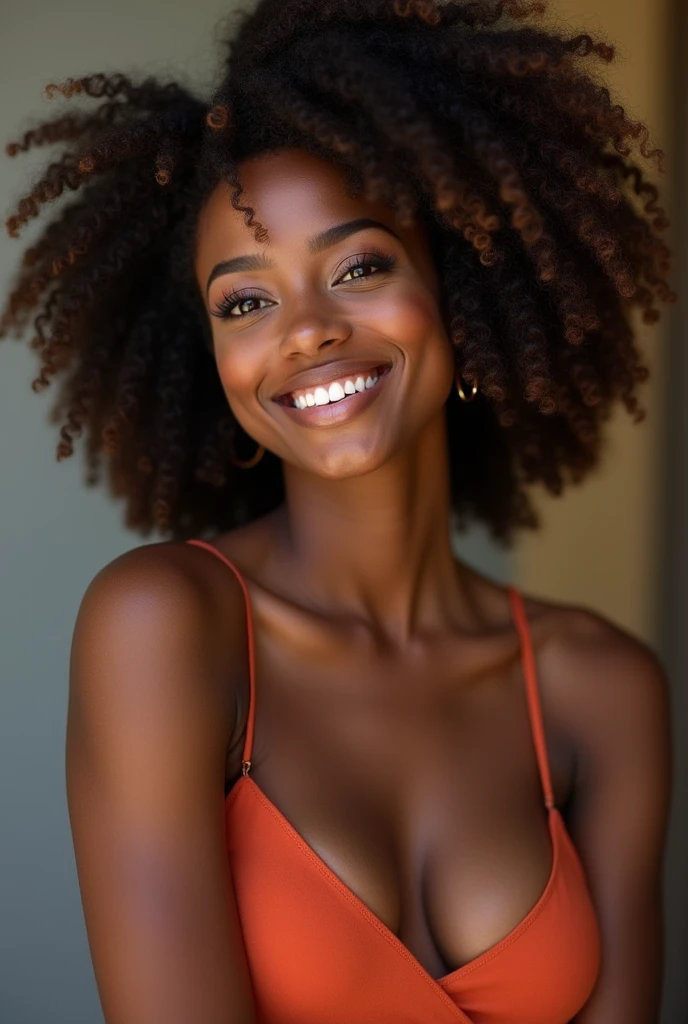 Elle a une peau d'un magnifique ton chocolat, smooth and radiant. His face is delicate, avec des traits bien dessinés : des yeux brillants et expressifs qui attirent l'attention, well-defined eyebrows and full lips that often curve into a warm smile. Her hair, frizzy and voluminous, fall in natural curls around her face, adding to its charm.
Sa silhouette est voluptueuse, avec une taille fine qui accentue ses courbes généreuses. Her breasts are full and well proportioned., highlighting her femininity. Ses hanches sont larges et se terminent par des fesses bien rondes, which give it a look that is both seductive and elegant. Elle dégage une confiance en soi qui attire les regards et laisse une impression durable. She is wearing a long dress that shows off her curves.