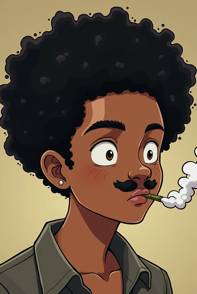 anime style, young man, tiny moustache, black afro, smoking weed