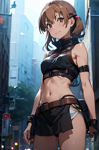 A happy young Kuroko Shirai as a female rogue  in a fantasy setting. A rogue. Tomboyish. Slim body. Very . Very small breasts. Narrow hips. Slender legs. Face: Soft narrow face with a round chin. Soft small jaw. Very thin eyebrows. big dark-brown eyes. Dark-brown eyecolour. Chestnut brown hair in twin tails. Rogue armor (brown and pink in color) (bare arms, bare shoulders, bare legs). Background:  In a capital city at night with beautiful light and dark contrast. 