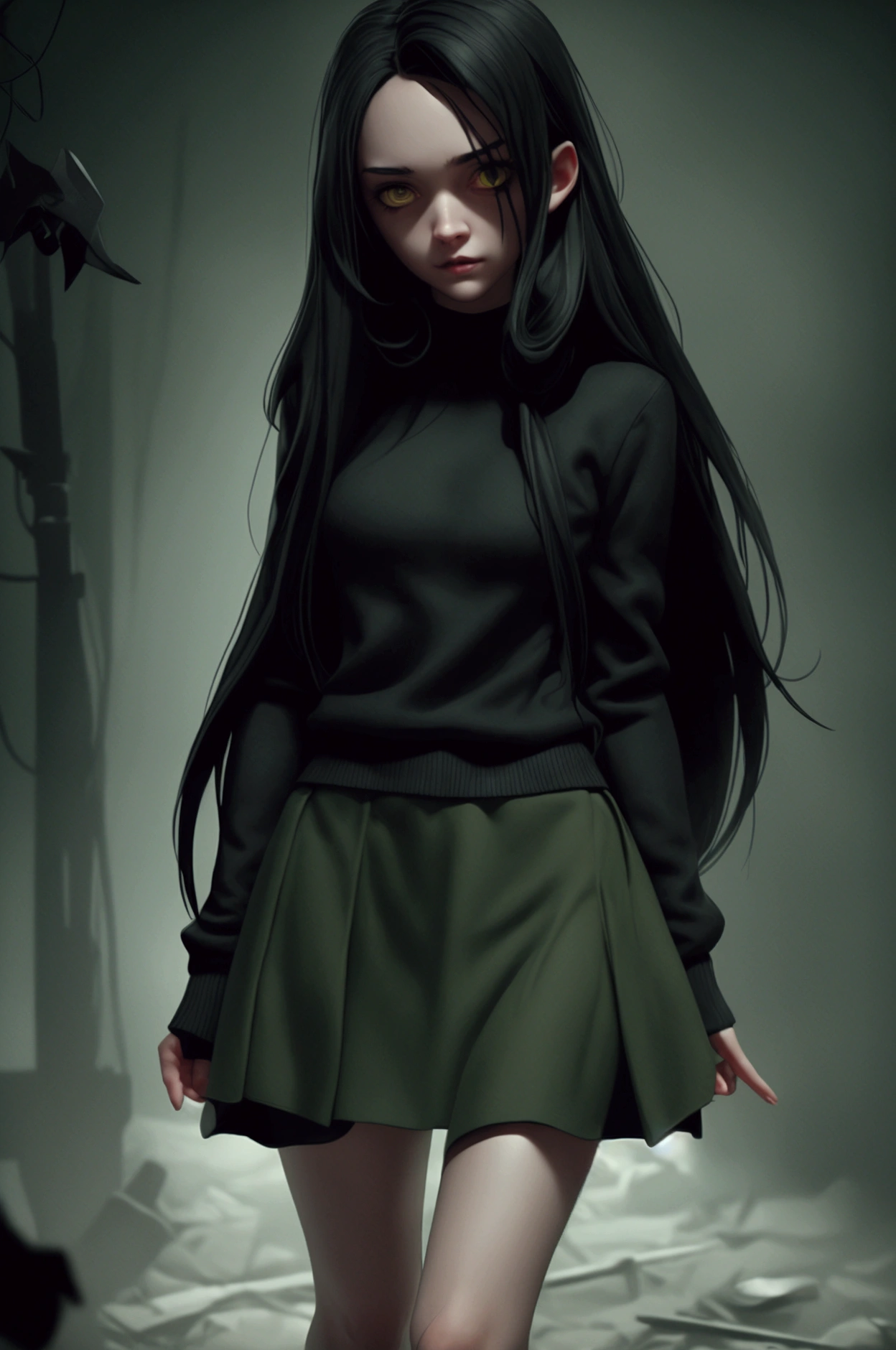 long straight hair black, girl, using a black sweater, green skirt, black socks, holding a camera and running,darkness place,in Outlast horror game
