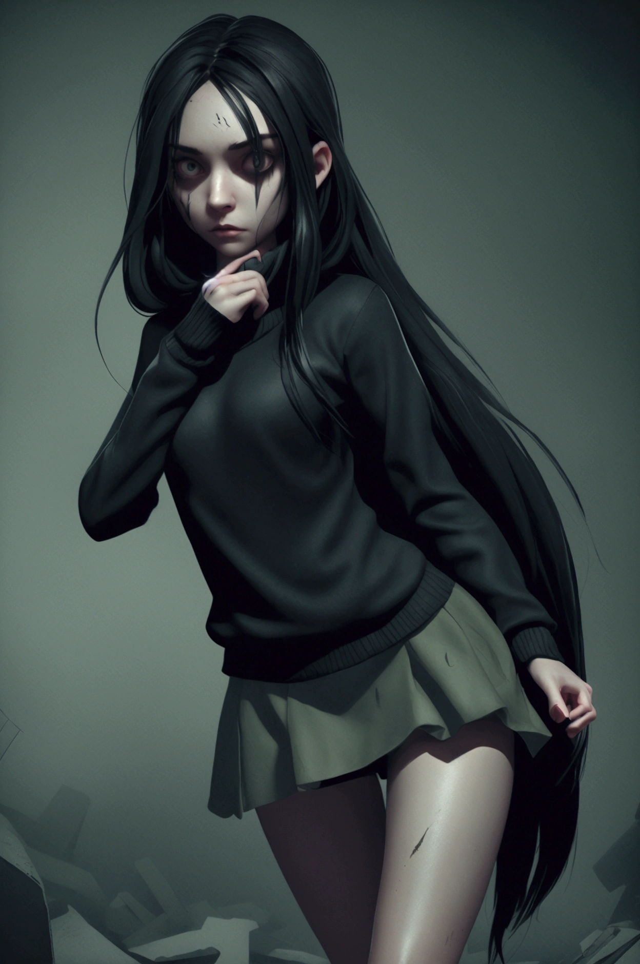 long straight hair black, girl, using a black sweater, green skirt, black socks, holding a camera and running,darkness place,in Outlast horror game