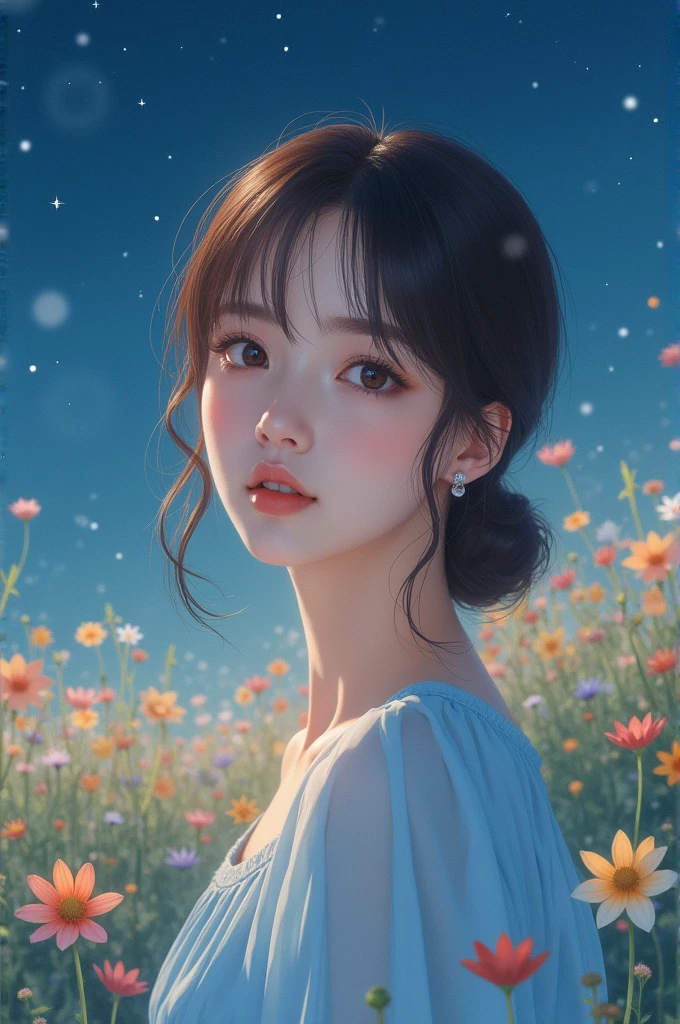 Create a realistic image of a Japanese woman, light brown hair, far away, smooth ass, with bangs, light skin tone and black eyes. In a field of flowers under the starry sky, wearing a light blue dress. The scene will highlight his softness and talent as a Lead Vocalist and Maknae..