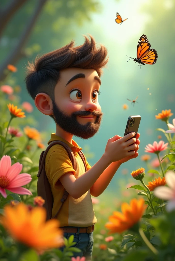 A french cut beard animated boy taking photos of butterflies and bugs in a beautiful nature by a mobilephone. There are lots of multicoloured flowers around him