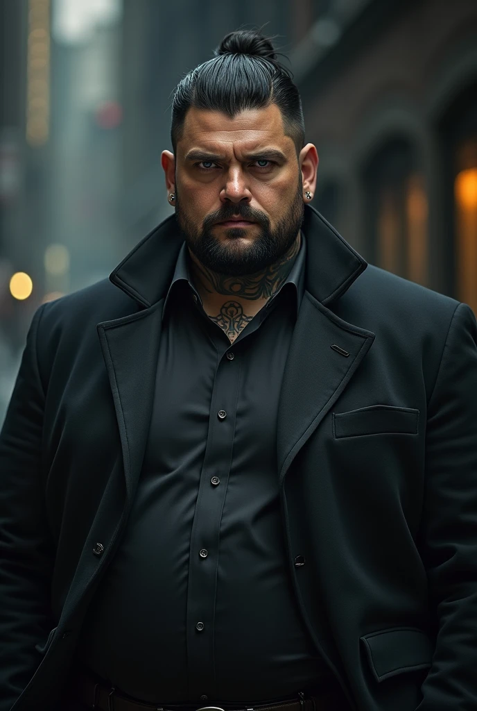 Tall corpulent man with medium-long black hair military cut, Deep gray eyes, well-defined jaw, little beard, seductive tattoos on the neck and hands, medium-thick lips with a dark aura, businessman-like.