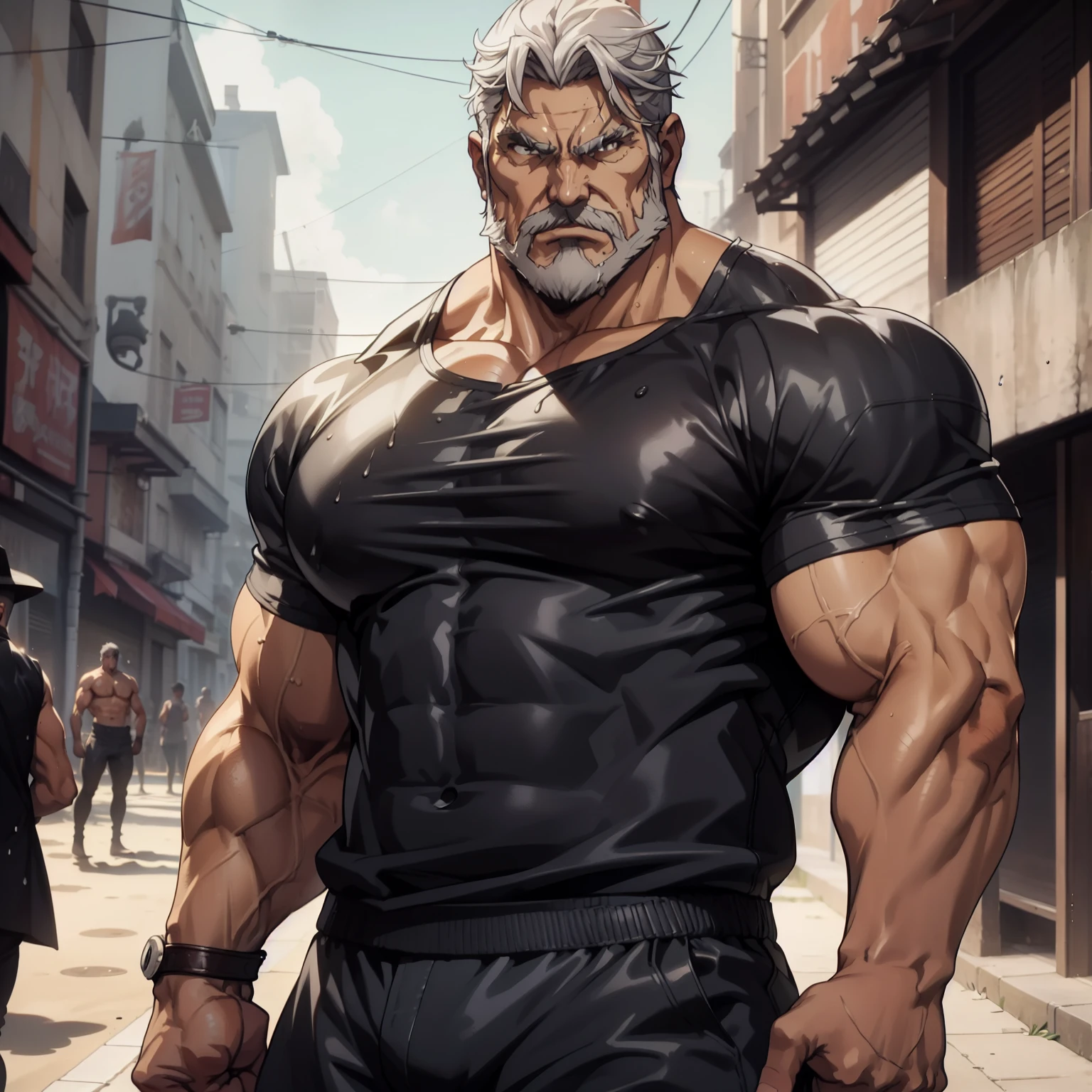A angry man fighting at the street, imponente, Vista lateral distante, corpo inteiro, 50 years old, grey short hair , thick grey mustache, dark oliva skin color, peitorais largos, peitorais enormes, hair chest, fighting stance, he's on the beach, He is angry, wearing a tight wet tank top, tight wet black leather pants, very wet body, bare arms, big bulge, thick thights, Obra-prima maravilhosa altamente detalhada, beautiful cinematic light deep focus, elegante, Pintura digital, sementes, sharp focus, golden ratio, dramatic lighting, 8k