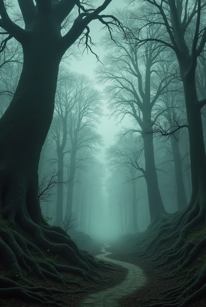 A forest scene with a cloudy climate, the image brings a sense of mystery and a bit of fear.