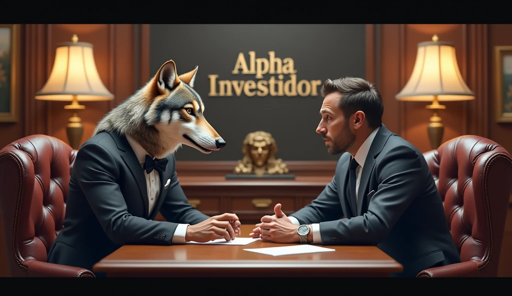 Wolf in a suit and bow tie closing a deal with an executive with the words 'Alpha Investidor' in the background, Digital illustration, Realistic, Detailed, vintage, Office lighting