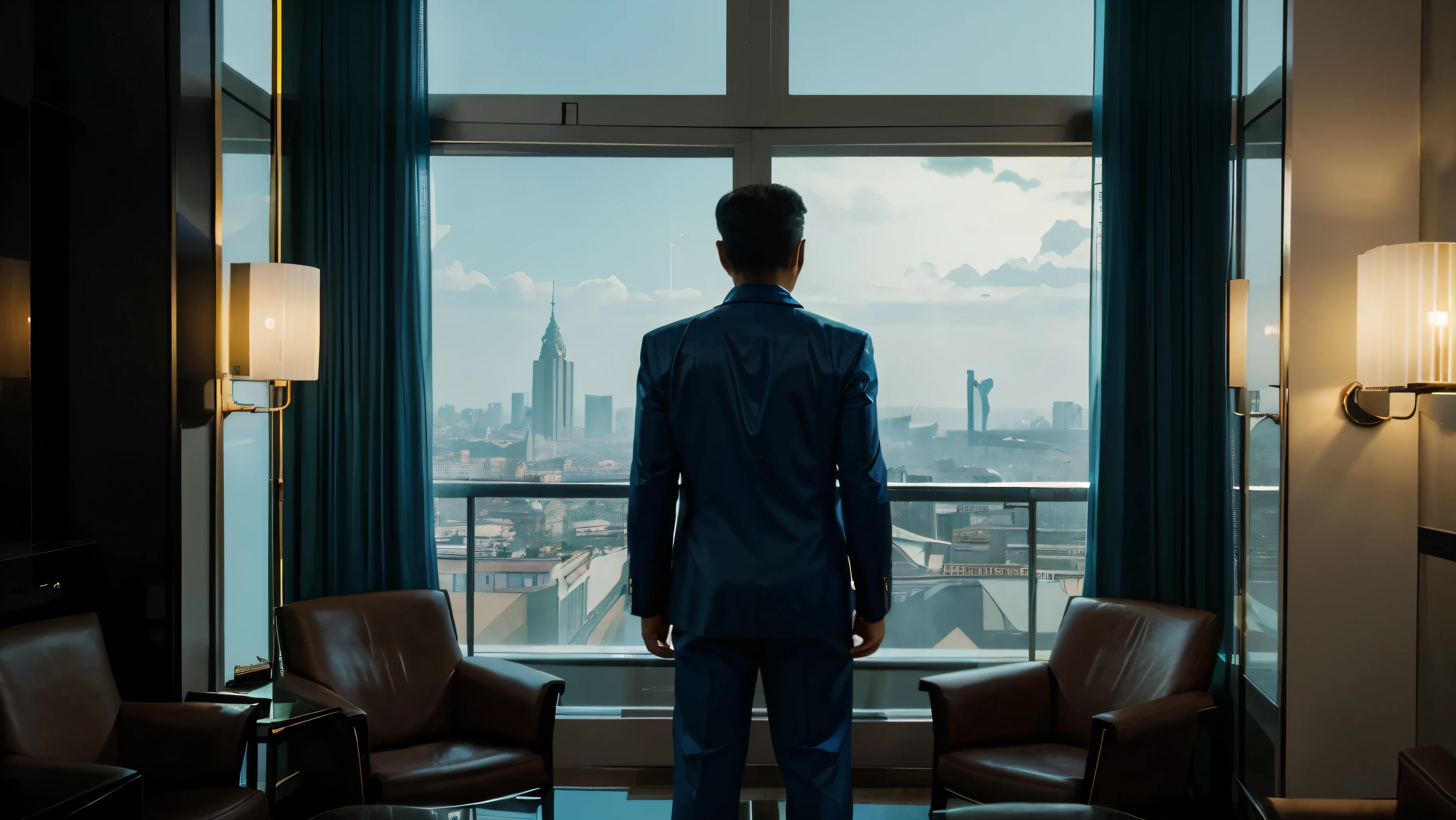 4k image from a 1960s science fiction film by Wes Anderson, Filme O Grande Hotel Budapeste, city with a blue, red, green and yellow neon colors vibrant at night through a window, big city retro futuristic neon, blade runner style, Retro-futuristic from the 60s with old robots, Luz Natural, Psicodelia, futurista estranho, retro-futurista, photo-realistic, blurred background, solitude, sadness, lonely man, a misterious man with his back inside an room with a view of a skyscraper, leather armchairs,