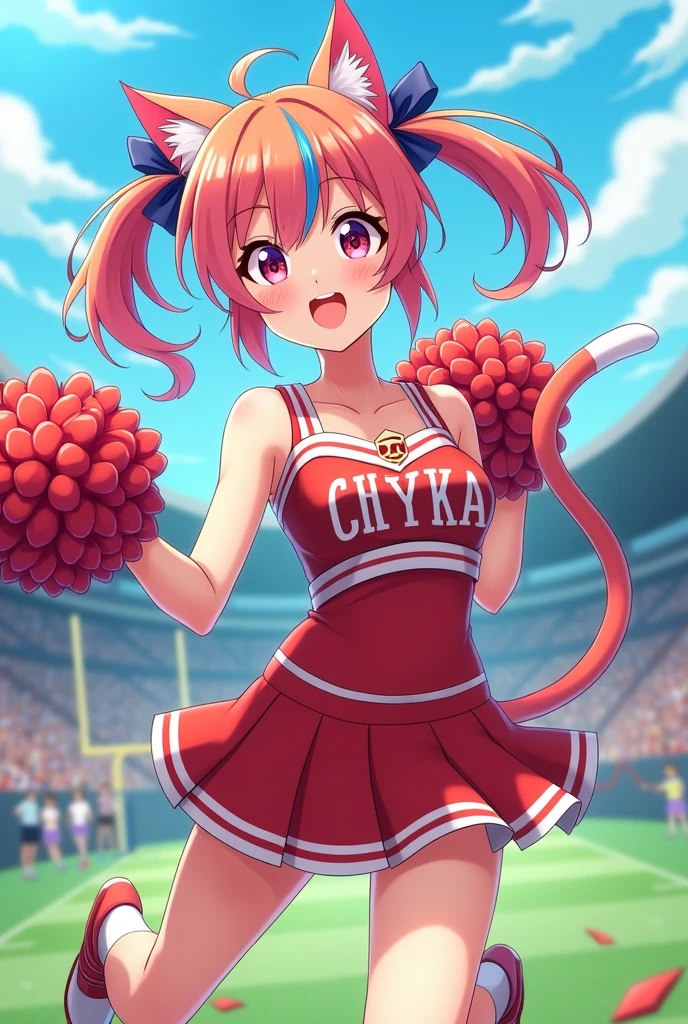 A female anime catboy wearing a cheerleader uniform