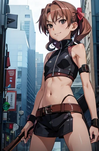 A happy young Kuroko Shirai as a female rogue  in a fantasy setting. A rogue. Tomboyish. Slim body. Very . Very small breasts. Narrow hips. Slender legs. Face: Soft narrow face with a round chin. Soft small jaw. Very thin eyebrows. big dark-brown eyes. Dark-brown eyecolour. Chestnut brown hair in twin tails. Rogue armor (brown and pink in color) (bare arms, bare shoulders, bare legs). Background:  In a capital city at night with beautiful light and dark contrast. 